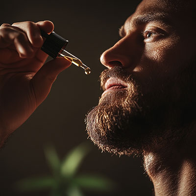 Homme qui consomme de l'huile de CBD Large spectre de chez CBD.fr